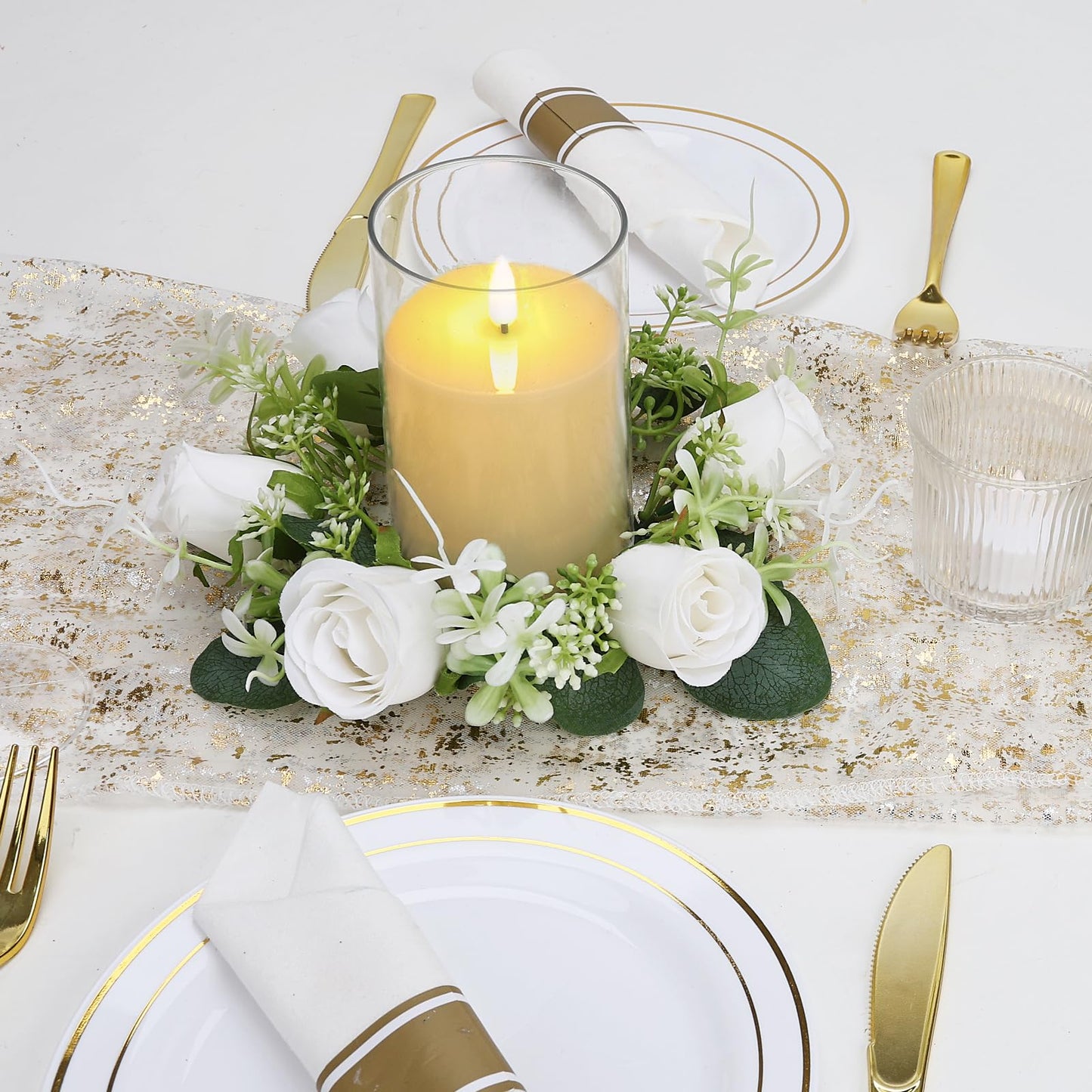 Tobilu 12 PCS Artificial Roses Rings - 3 Inch Roses Flower Wreaths with LED Candles Eucalyptus Pillar Holder Wreath for Wedding Table Centerpiece Home Decorations, White, 6 Sets
