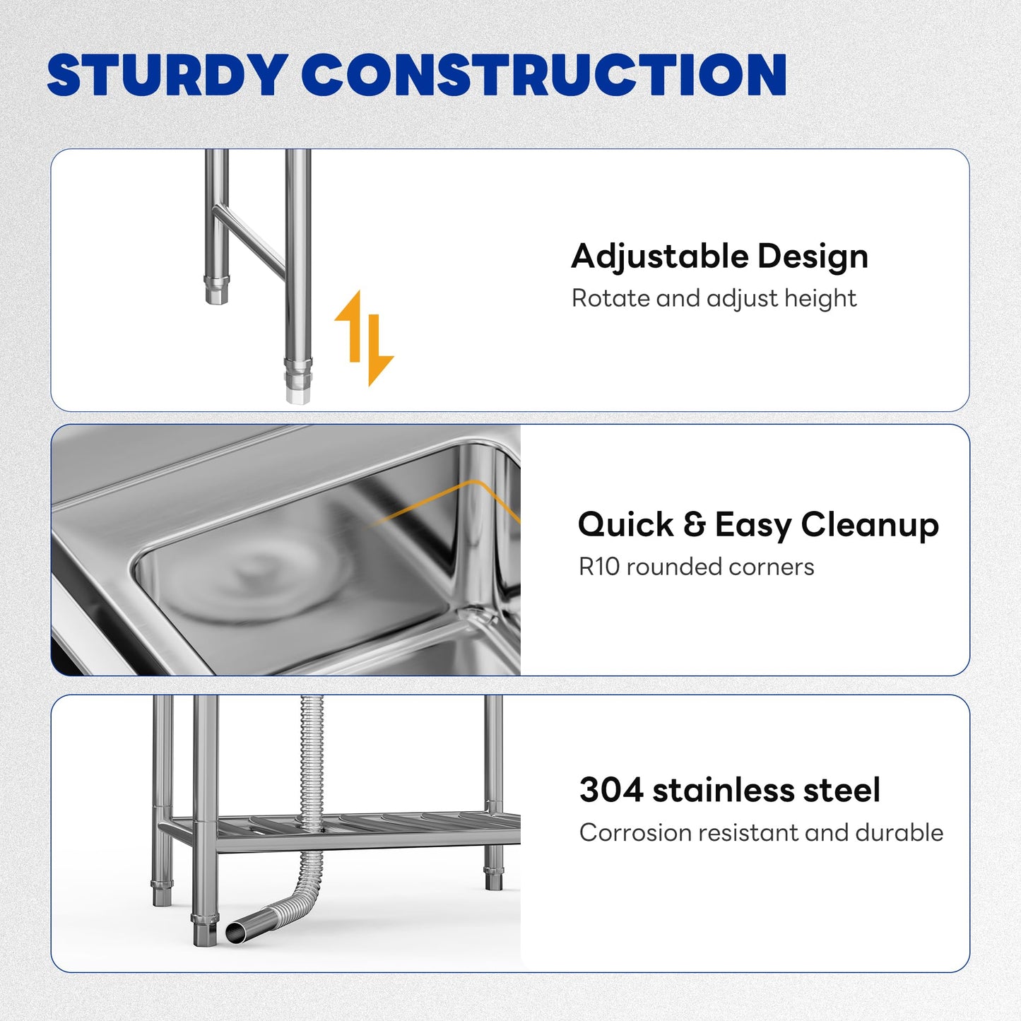 DWVO Stainless Steel Utility Sink with Cart Storage Space and Drainboards, 50in Free Standing NSF Commercial Prep Sink W/Storage Shelf for Restaurant, Laundry, Garage,Outdoor