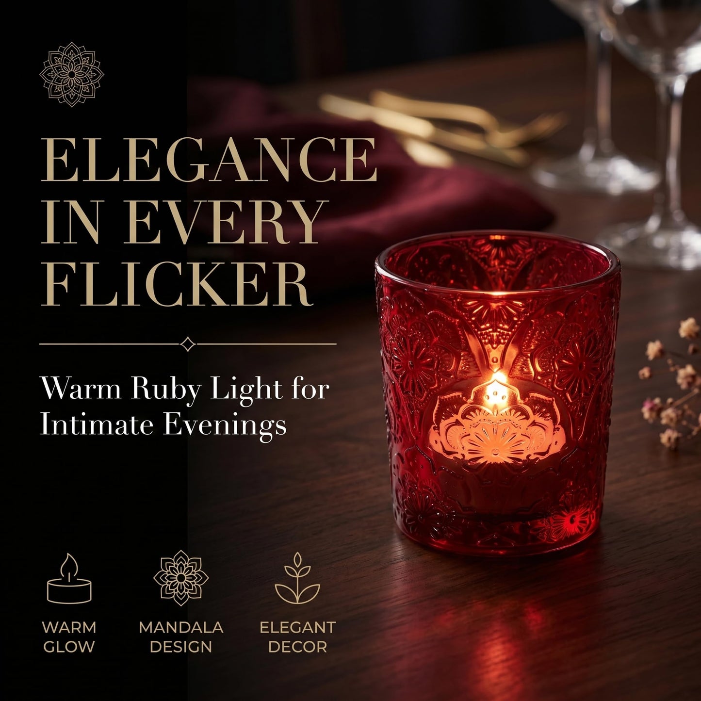 6 Pack Mandala Embossed Glass Candle Holders – Votive Tealight Holders with Patent Design, Decorative Embossed Glass Cups for Wedding Centerpieces, Parties, and Home Décor (Wildberry Red)
