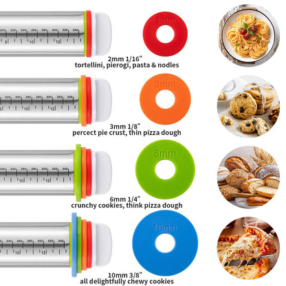 Adjustable Rolling Pin Set with Thickness Rings Cookie Cutters Dough Scraper Food Grade Stainless Steel Precise Dough Roller Handle Press Design for Baking Fondant Pizza Pie Pastry Pasta Cookies