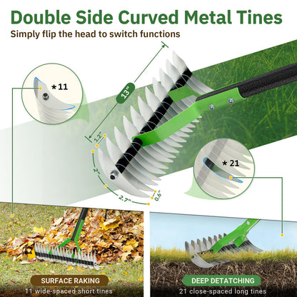 Thatch Rake, 13" Wide Efficient Dethatcher Rake with 55" Adjustable Long Handle, Heavy Duty Steel Metal Dethatching Rakes for Cleaning Dead Grass, Loosening Soil, Lawn Care in Yard Garden