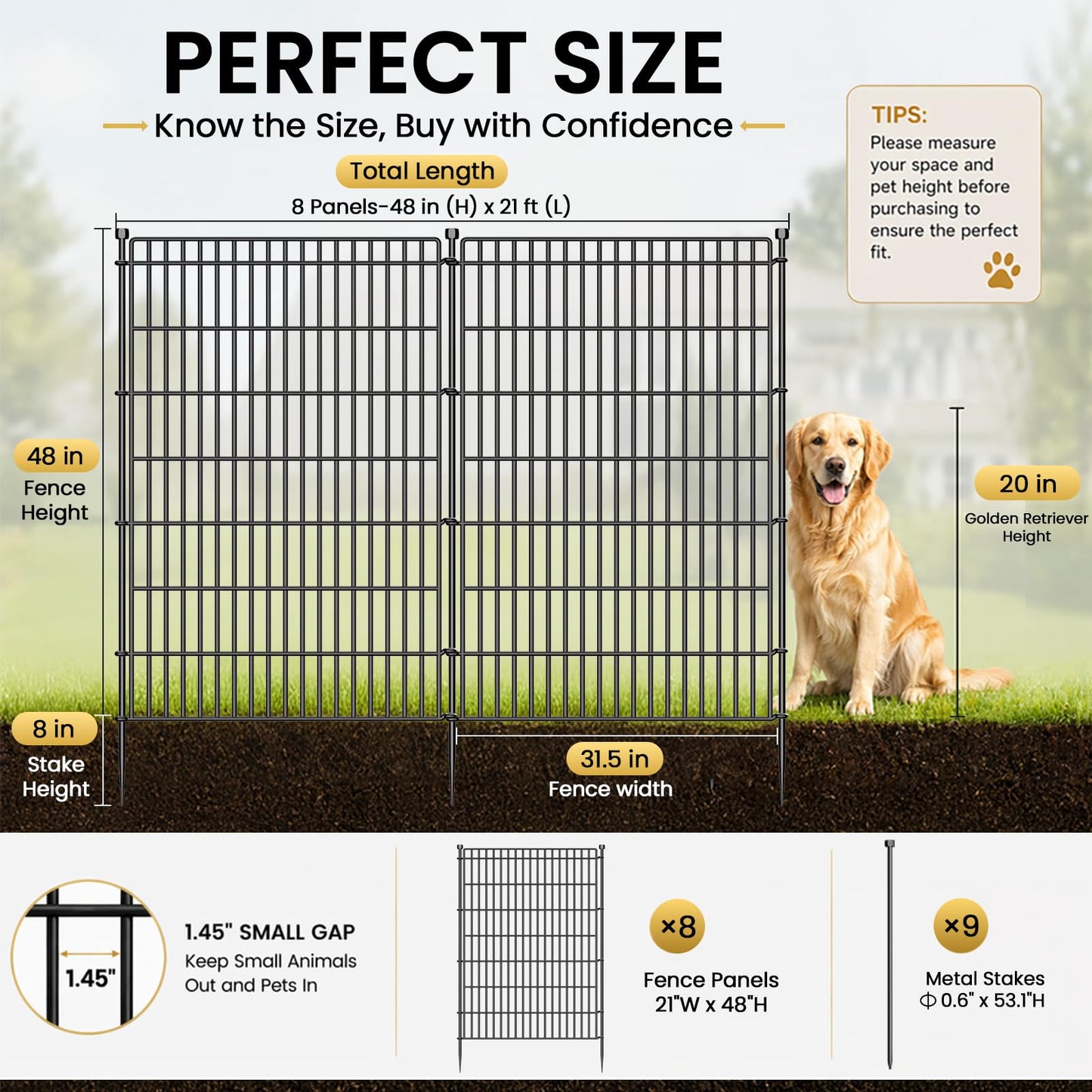 8 Panels No Dig Garden Fence Animal Barrier, 48in(H) × 21ft(L) Decorative Metal Outdoor Dog Fence, Rustproof Pet Fencing for Yard, Patio, Flower Bed -Temporary Fencing| Easy to Install