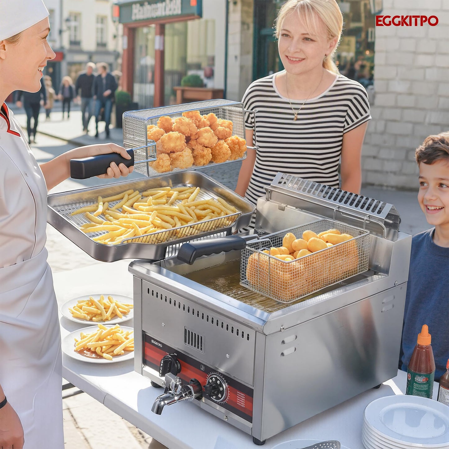 EGGKITPO 45.6LB Commercial Propane Gas Fryer with ignition 22200 BTU/h 2 Baskets Stainless Steel Oil Drain Rack Flat Lid Countertop Deep Fryer with Temp Control and Valve for Food Truck Restaurant