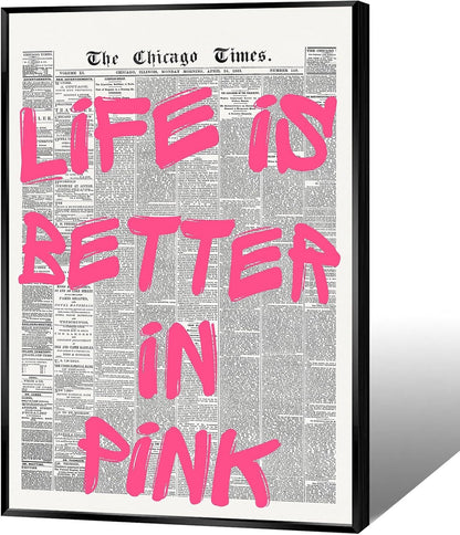 Skiennix Pink Wall Art - Retro Newspaper Canvas Poster with Positive Quote | 16x24in Minimalist Decor