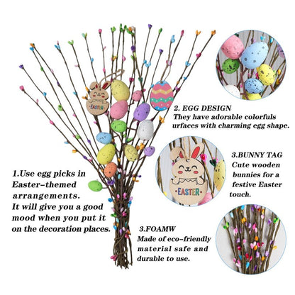 KENJOVIVO Artificial Easter Spray Vine with Pastel Easter Eggs and Berries, Wooden Eggs, Wood Rabbit & Happy Easter Ribbon, Easter Egg Twig Branches for Spring Floral Stems Home Decoration