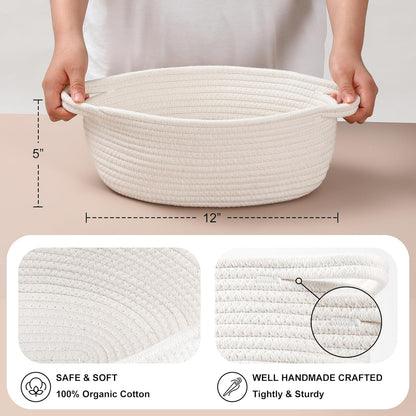 Skiennix Small Woven Baskets - Cute Nursery Storage with Gift Bags & Ribbons | 12"x 8"x 5", White