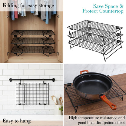 Kifmurase 3PCS Stackable Cooling Rack for Baking, 13.3 x 9.3 Inch Carbon Steel Wire Rack with Folding Legs for Cookie Cake Pizza Jerky, Multi-Use Bread Oven Racks for Cooking Roasting Drying Grilling