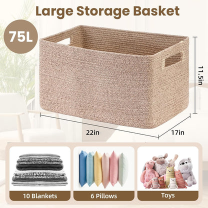 Optish 75L Large Woven Blanket Basket - Reinforced Handles for Laundry & Storage | 22” x 17” x 11.5”, Brown