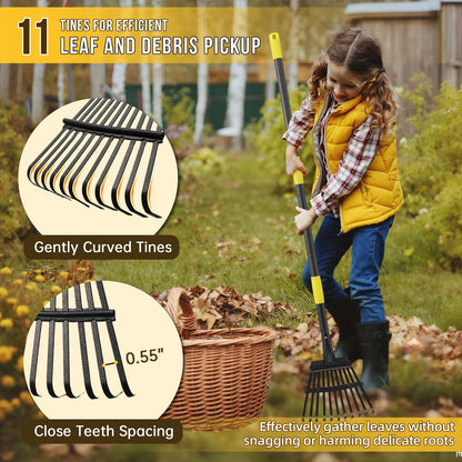 Leaf Rake, Small Rake for Leaves with 30"-60" Adjustable Long Handle, 11 Tines 8.5" Wide, Metal Rakes Heavy Duty for Lawns, Gardening, Yard, Camping, Shrub, Grass, Bush, Weed, Debris