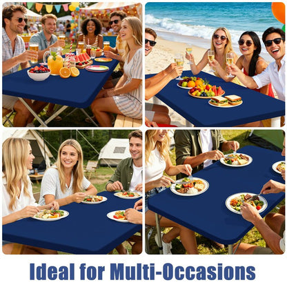 Moosfor Spandex 6 Foot Rectangle Table Cloth 2 Pack, Elastic Fitted Tablecloths for Picnic, Stretch Washable Patio Table Cover for Outdoor, Camping, Banquet and Parties (Navy, 30"x72")