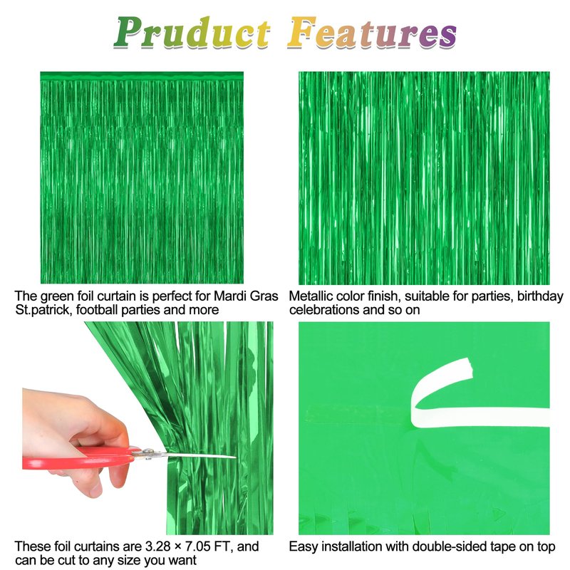 4 Pack Green Streamers, 3.28 FT x 7.05 FT Birthday Tinsel Backdrop, Metallic Foil Fringe Curtains Photo Booth Backdrop, Green Jungle Theme Decorations Birthday Decor
