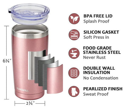 SUNWILL Travel Coffee Tumbler 20 oz, Insulated Mug with Lid, Stainless Steel Cup for Hot and Cold Drinks, Rose Gold