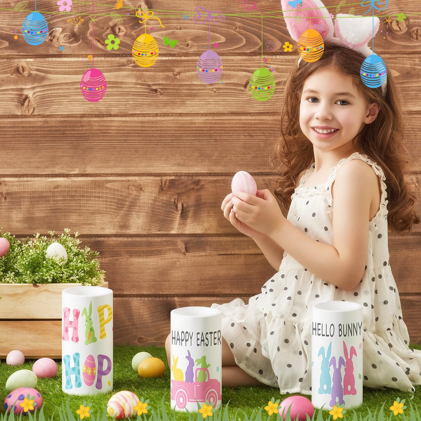 Retisee 3 Pcs Pastel Easter Flameless LED Candles Battery Operated Bunny Spring Flickering Pillar Candles with Remote Pastel Easter Decoration Centerpiece for Bedroom Living Room Dinner Table Decor