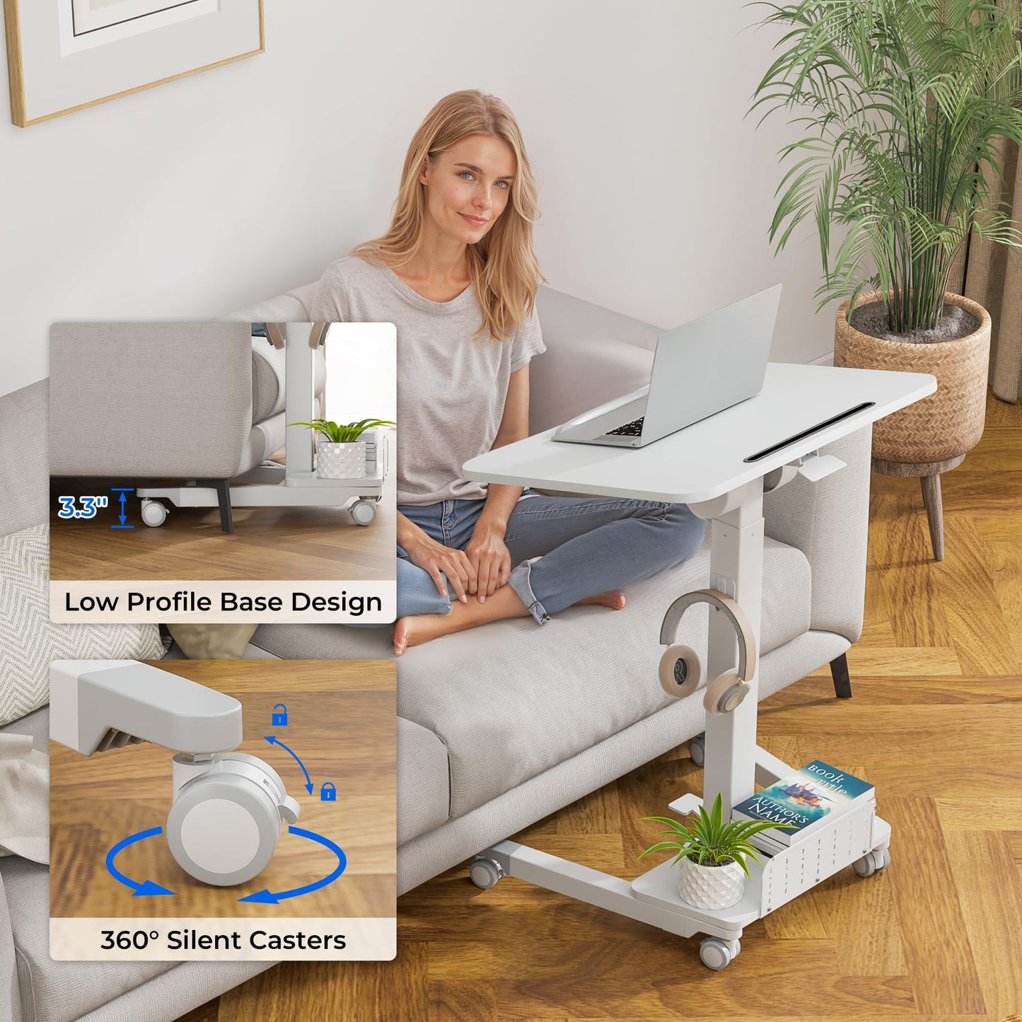 BONTEC Mobile Standing Desk Adjustable Height, Rolling Laptop Cart with Storage Shelf, Hooks, Portable Workstation with Pneumatic Lift, Ergonomic Compact Home Office Desk, White 23.6" x 20.5"