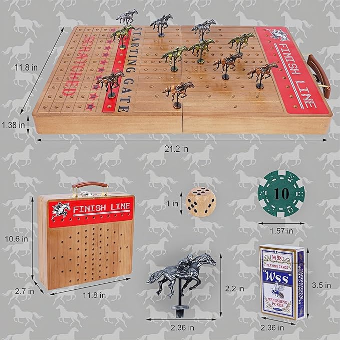 Glintoper Large 21 Horse Racing Game Horse Race Board Games with 11 Luxury Metal Horses Foldable Wood Board with 2 Dices 2 Boxes of Cards 40 Poker Chips Finish Line for Parties