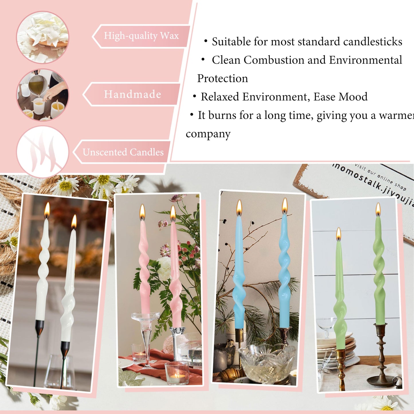 Spiral Candle Pink 10 Inch Tall Taper Candle 4 PCS Unscented Candles Sticks Smokeless Tapered Candles for Home Party Wedding Decoration Valentine's Day Anniversary & All Special Occasions