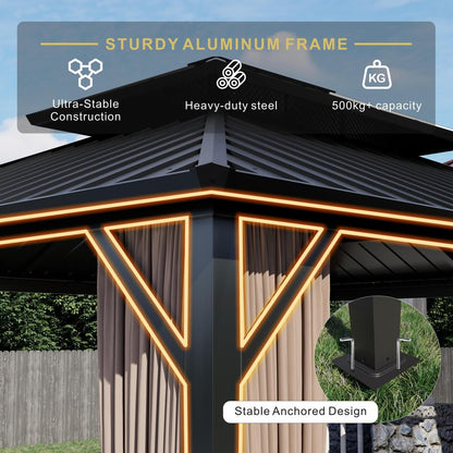 SOLUMIA 10’x12’ Hardtop Gazebo, Galvanized Steel Double Roof Canopy with Aluminum Frame, Outdoor Pavilion with Nettings and Curtains