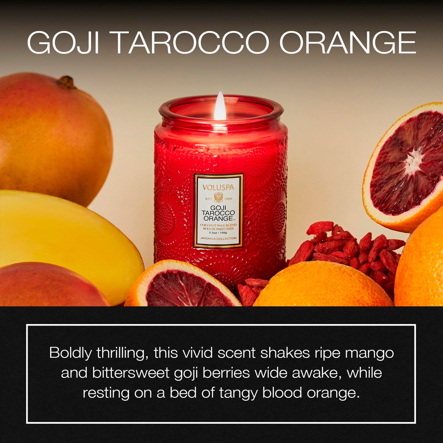 Voluspa Goji Tarocco Orange, Small Candle Jar, 5.5 oz, 50 Hour Burn Time, Coconut Wax for Clean Burning, Handcrafted in the USA