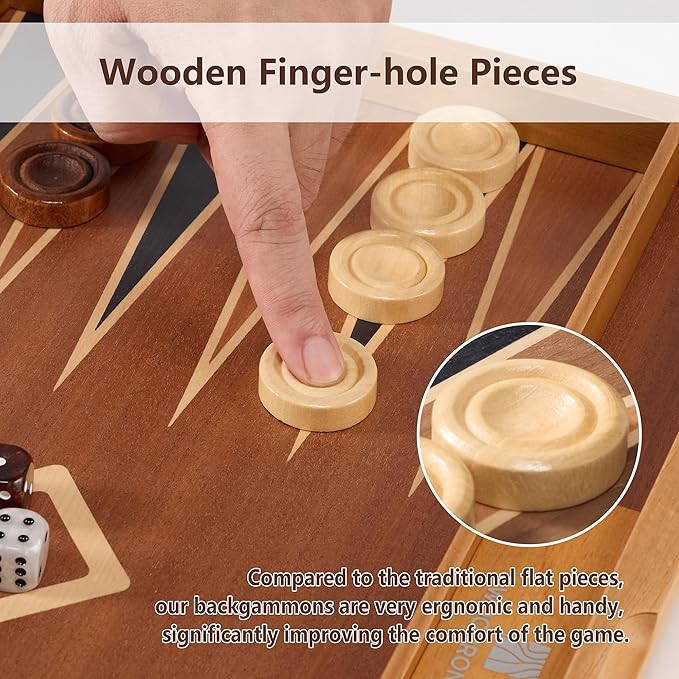 Wood Backgammon Set for Adults – 17 Inch Classic Strategy Board Game Case - Premium Folding Backgammon Set with Wooden Playing Pieces Dices - Portable Wood Inlaid Travel Backgammon Game Set