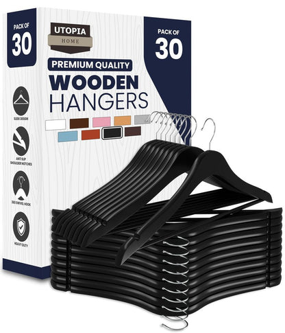 Utopia Home Premium Wooden Hangers 30 Pack - Durable & Slim Coat Hanger - Suit Hanger with 360-Degree Rotatable Hook - Wood Hangers with Shoulder Grooves (Black)