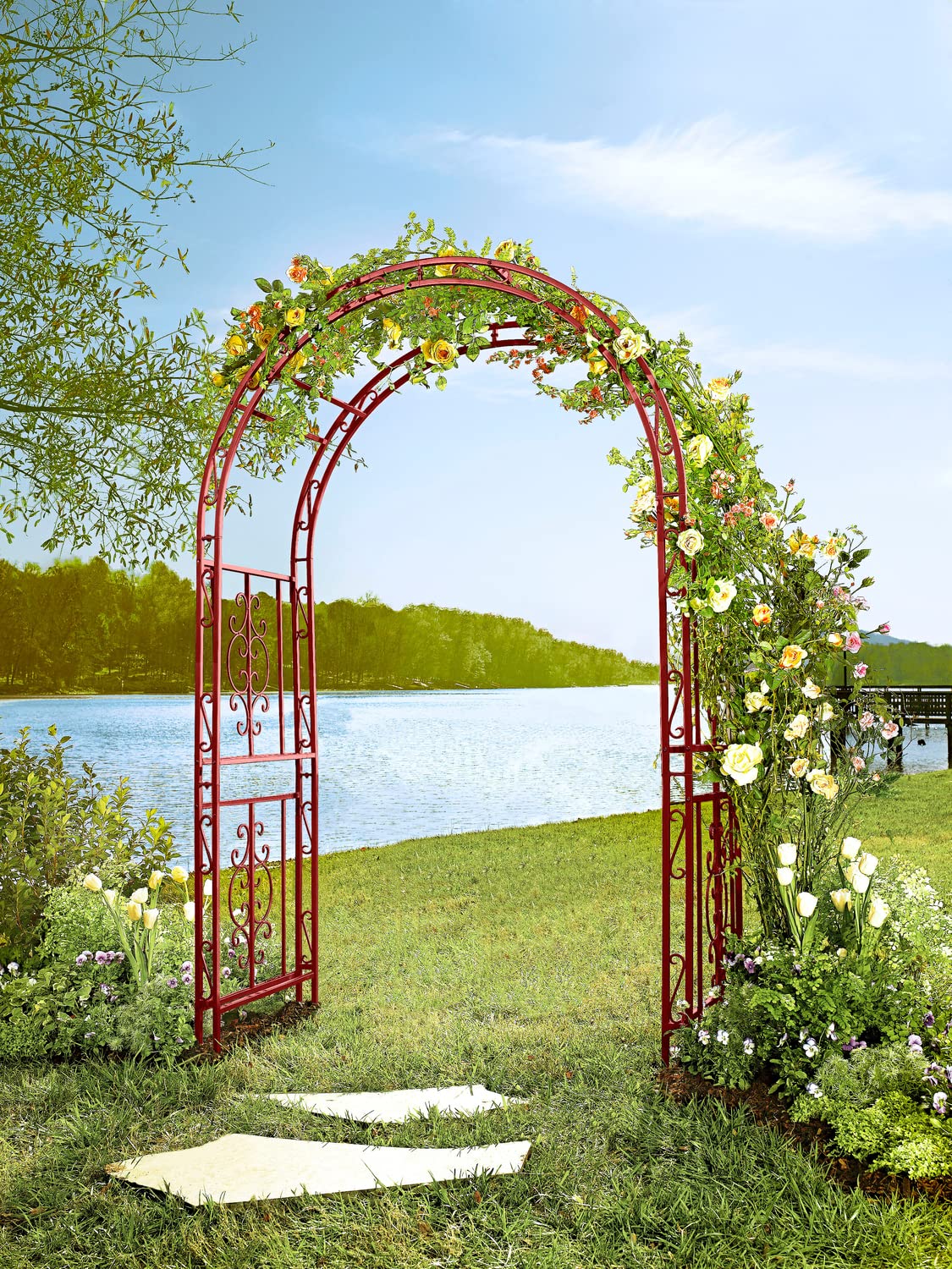 Plow & Hearth Arch Metal Outdoor Garden Arbor, 84 inches Tall, Iron Trellis Lattice for Climbing Plants, Wedding Arch, Outdoor Patio Décor (Red)