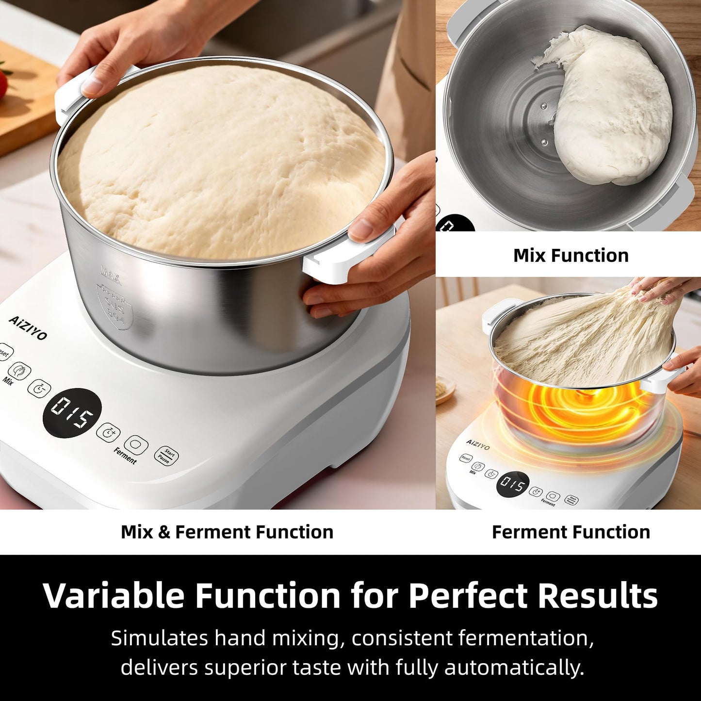 AIZIYO DoughChief, 7.4QT Dough Maker, Dough Mixer with Ferment Function, 304 Stainless Steel Bowl, Removeable lid, Face-up Touch Panel, Electric Dough Proofing Box for Pizza & Bread
