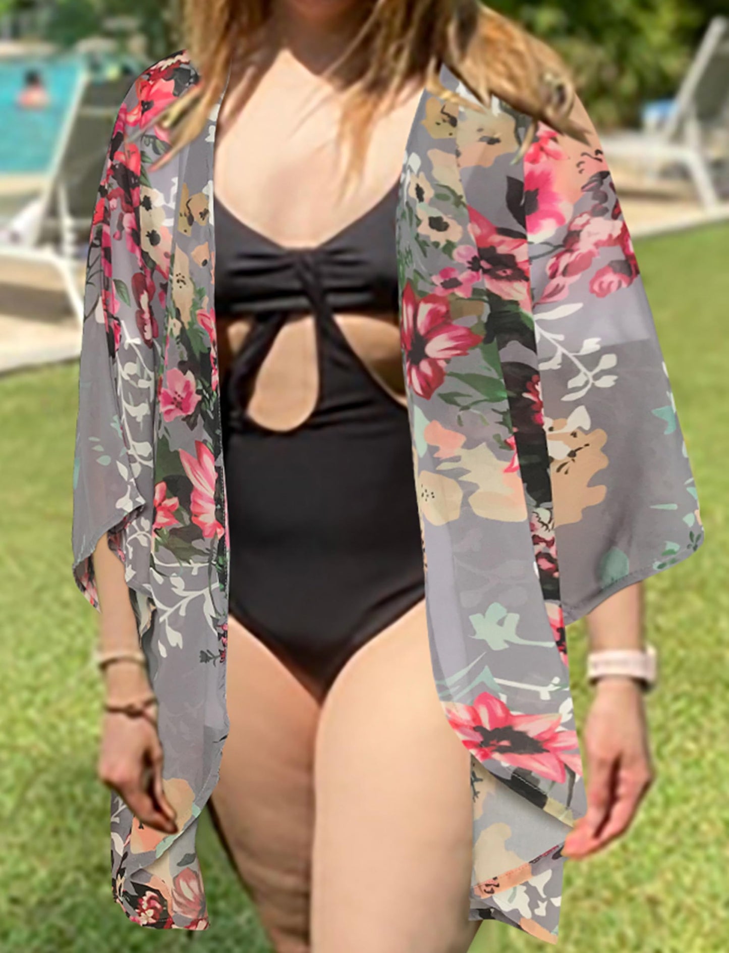 Women's Floral Print Puff Sleeve Kimono Cardigan Loose Cover Up Casual Blouse Tops (Dark Grey, XL)