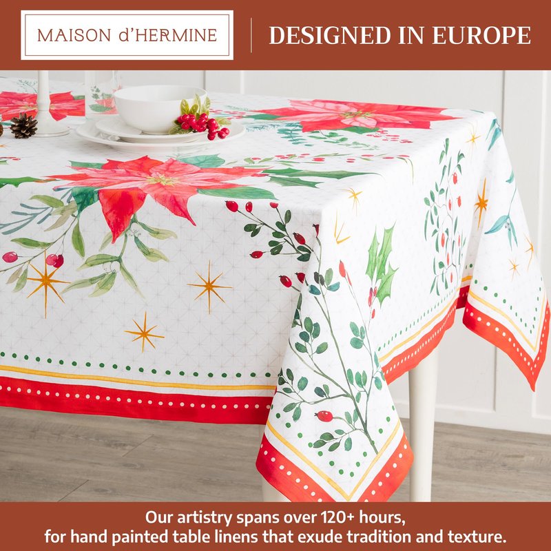 Maison d' Hermine Table Cloth Rectangle Table 100% Cotton 60 x 90 Inches Fall Tablecloth Reusable Everyday Use for Thanksgiving Christmas Decorations Dining Farmhouse Party (Poinsettia Christmas)
