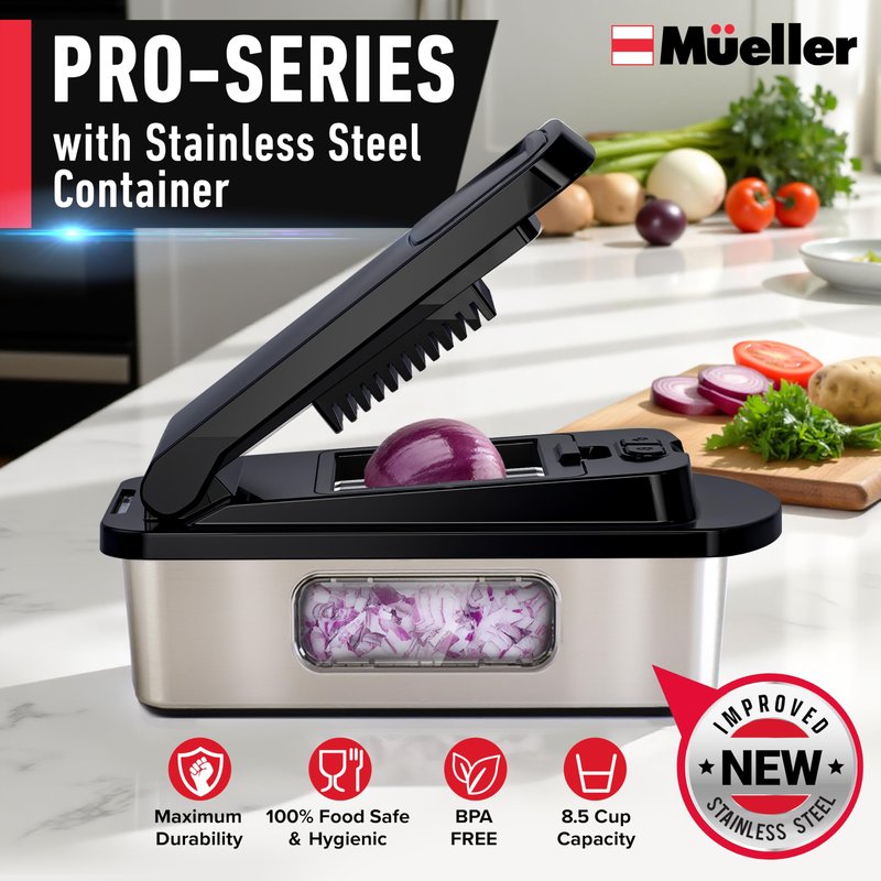 Mueller Pro-Series 10-in-1, 8 Blade Stainless Steel Multi Vegetable Chopper And Mandoline Slicer, Kitchen Tools and Gadgets, Food and Veggie Chopper, Mincer, Dicer, French Fry Cutter, Black
