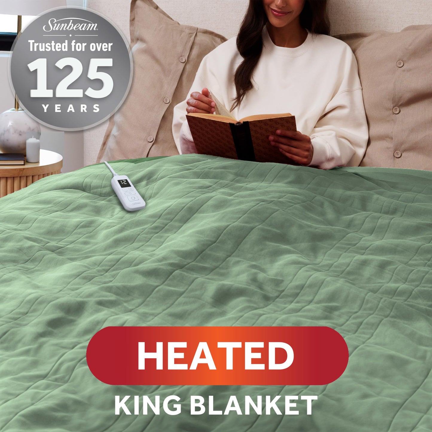 Sunbeam Royal Ultra Fleece Heated Electric Blanket King Size, 90" x 100", 12 Heat Settings, 12-Hour Auto Shut-Off, Machine Washable, Pebble Beige