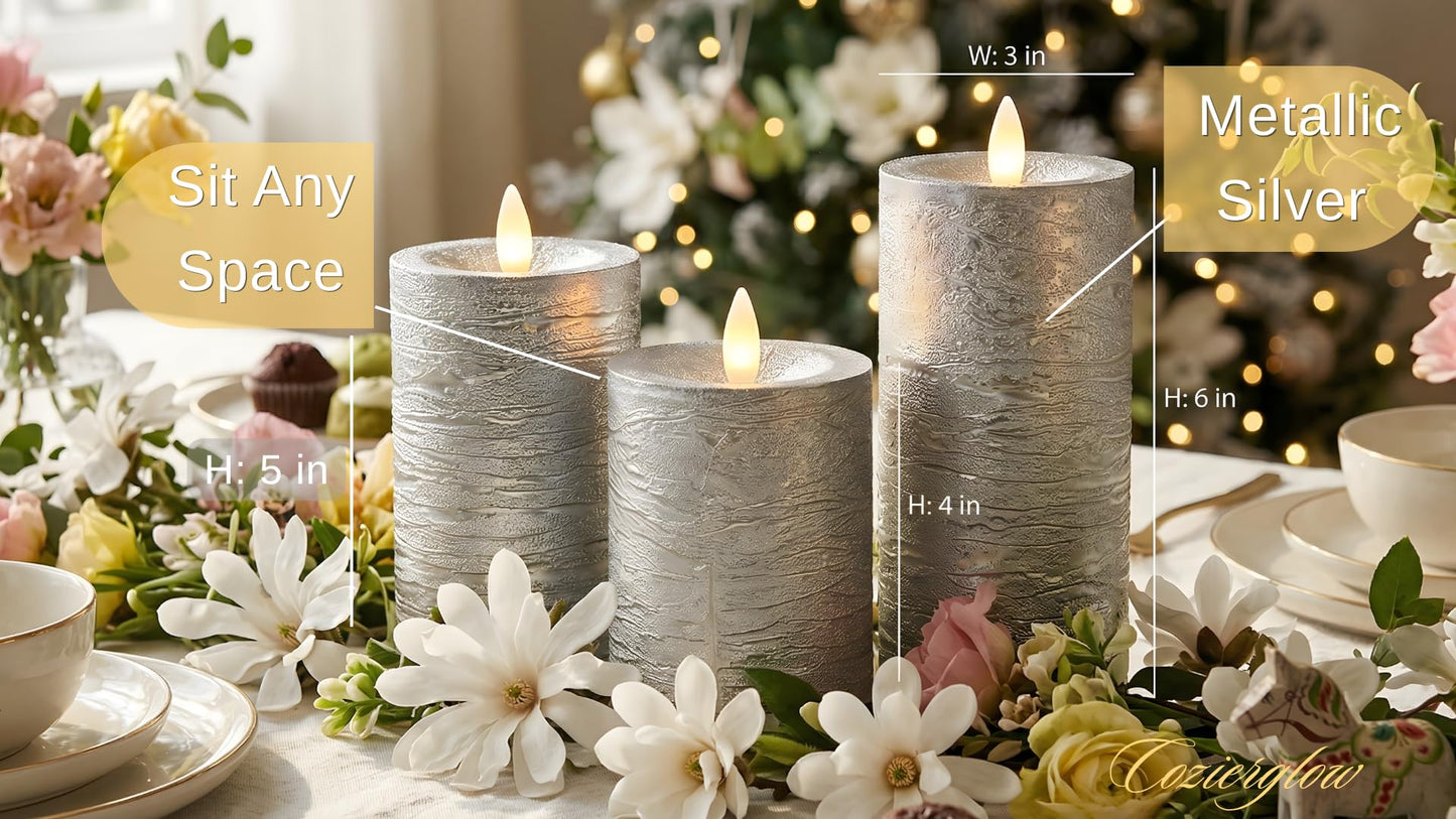 CozierGlow Shiny Metallic Silver Flameless Pillar Candles, Patented 3D Realistic Moving Flickering Flame with Remote Timer, Battery Operated 400hrs for Wedding, Holiday, Party, Decor, Gift(Set of 3)
