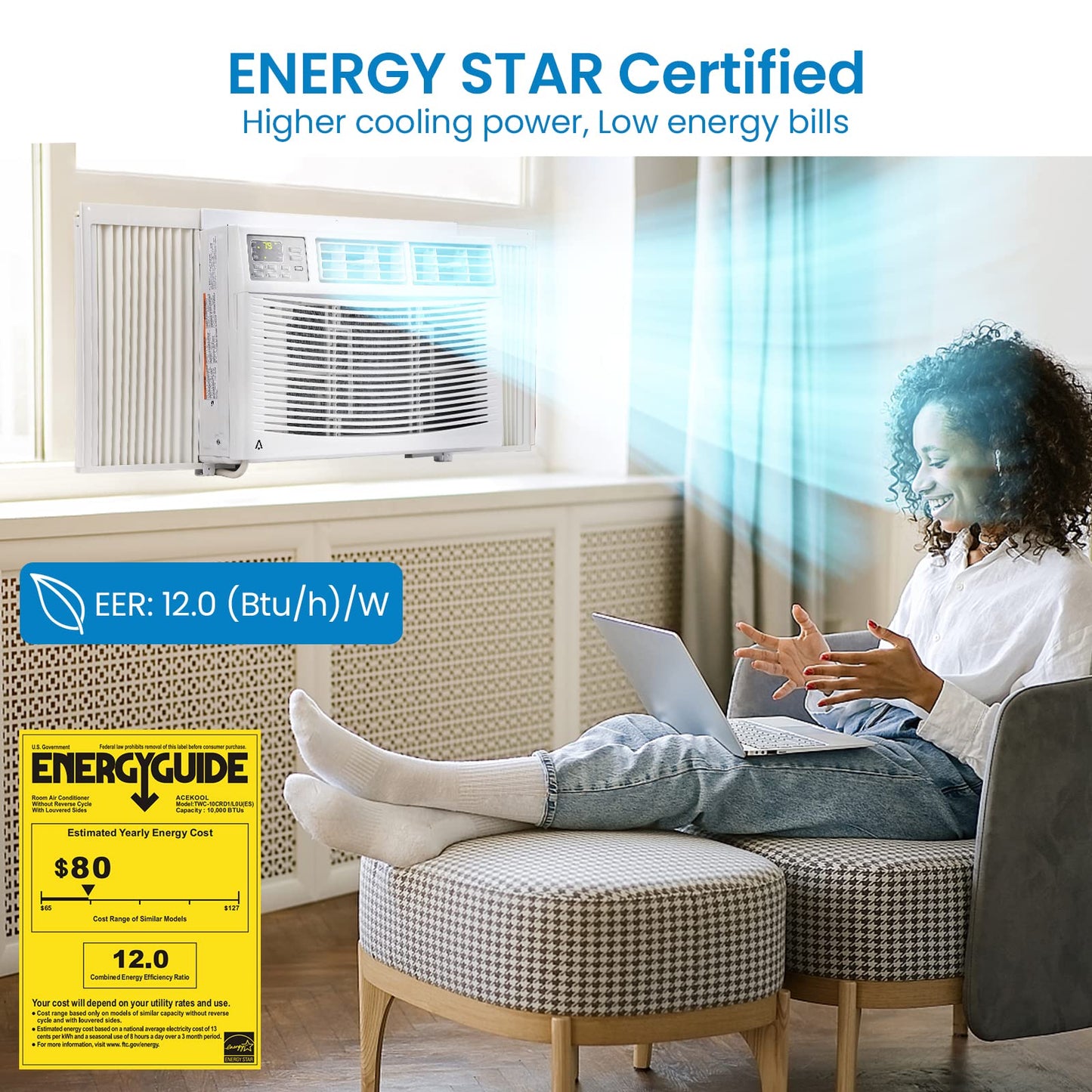 Window Air Conditioner, 10,000 BTU Compact AC Unit, Energy Saving Window AC, Smart AC with 3 Modes Cool Dry Fan Speed Control, Cools Up to 450 Sq.Ft,115v Mini Air Conditioner for Bedroom, Office, Home