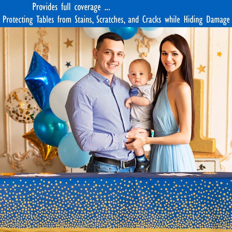 ZULADISE 2 Pack Premium Blue and Gold Plastic Tablecloths – Thick, Durable, Reusable Table Covers (54 x 108 in) – Disposable Party Tablecloths for Birthday, Graduation and Event Decorations