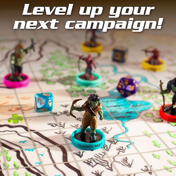 Deluxe Condition Rings w Wooden Case (64 Rings for Standard &amp Large) - 16 Conditions DND Flexible Design- Easy Affix Base Slides Under Figure- Works with Dungeons Dragons Pathfinder &amp All RP