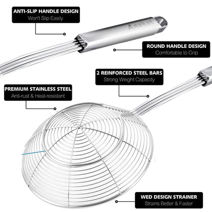 Anaeat Stainless Steel Spider Strainer Skimmer - Solid Kitchen Strainer Ladle with Long Handle for Cooking and Frying, Reinforced Double Coil Slotted Spoons for Pasta, Noodle, Spaghetti (5.5 Inch)
