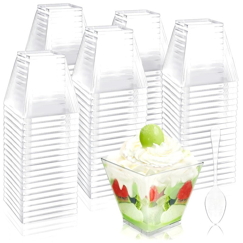 Jnnzzggu 100Pcs 3.5 oz Mini Dessert Cup with Spoons,Square Plastic Dessert Cups,Clear Parfait Appetizer Cup for Ice Cream,Birthday,Parties,Jellies,Nuts,DIY,Wedding