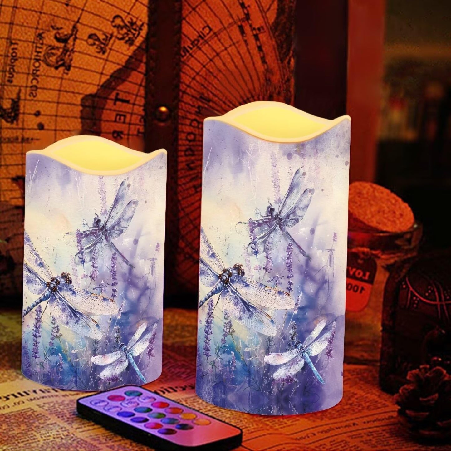 Cozeyat Purple Floral Holiday Season Flameless Candles 4 Pack Battery Operated LED Pillar Candles with Remote Timer Flickering Waterproof for Indoor Outdoor Decor