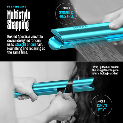 Bekind Apex 2-in-1 Hair Straightener Flat Iron | 1“ 460°F Straightener & Curler for All Hairstyles | UltraSmooth Tech | 15s Fast Heating & Temp Memory | Gift Set for Girls Women (Crystal Blue)