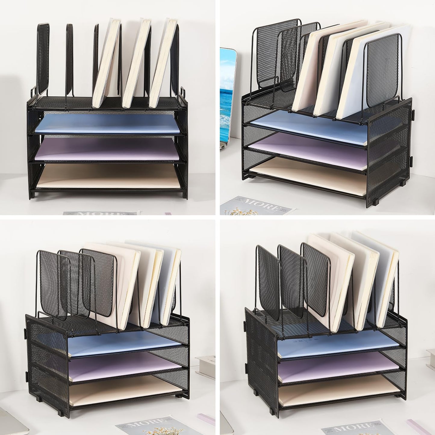 LEKETREE Desk Organizers and Accessories, 3-Tier Paper Organizer with 5 Vertical File Holders, File Folder Organizer (Black, 3T)