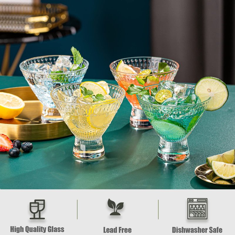 wookgreat Stemless Ribbed Martini Glasses Set of 6, 5oz Crystal Cocktail Glass, Margarita Glasses, Art Deco Coupe Glasses, Heavy Base Bar Glassware for Martini, Cosmopolitan, Gimlet, Dishwasher Safe
