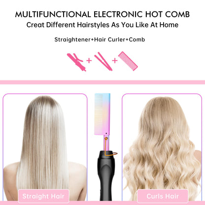 Electric Hot Comb Hair Straightener Heat Pressing Comb Curling Flat Iron Curler Hair Straightener Brush for Natural Black,Anti-Scald Beard Straightening Electric Press Comb