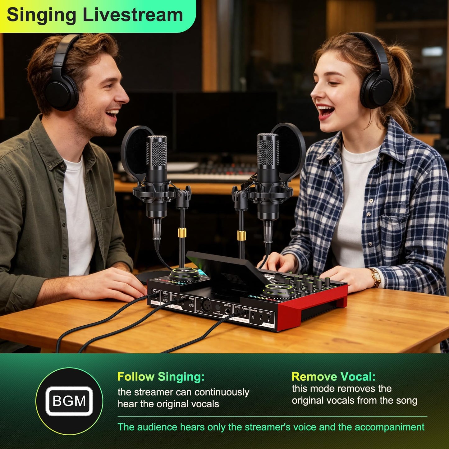 tenlamp G10 Dual Microphone Podcast Equipment Bundle with Live Sound Board Audio Mixer - Two Condenser Mics, Voice Changer, Noise Reduction, for PC/Phone Streaming, Gaming, Singing, Podcast