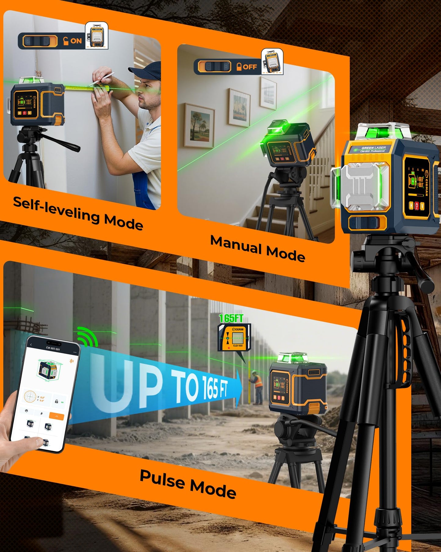 CIGMAN Green Laser Level, 3x360° Side LCD 12-Line Self-Leveling, Bluetooth App Remote, Pulse Mode for Receiver, ±1/8 in. at 33 ft Accuracy, 2x Li-ion (USB-C), 1/4-20 Mount, IP54, ABS Hard Case - S03