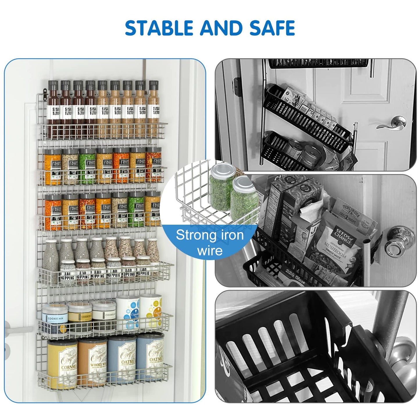 JKsmart 6-Tier Spice Rack Organizer with Door Hook, Wall Mounted & Over the Door Spice Racks for Kitchen Pantry Door Cabinet, Two Size, Large Capacity, Black