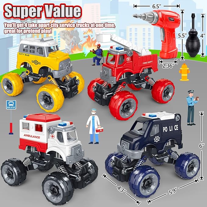 LUDILO Kids Boys Toys Age 4-6 5-7 6-8: 4 PCS DIY Assembly Building City Bus Ambulance Police Car Toy Fire Truck with Electric Drill Stem Learning Toys Gifts for 3 4 5 6 7 8 Year Old Boys Girls Kids