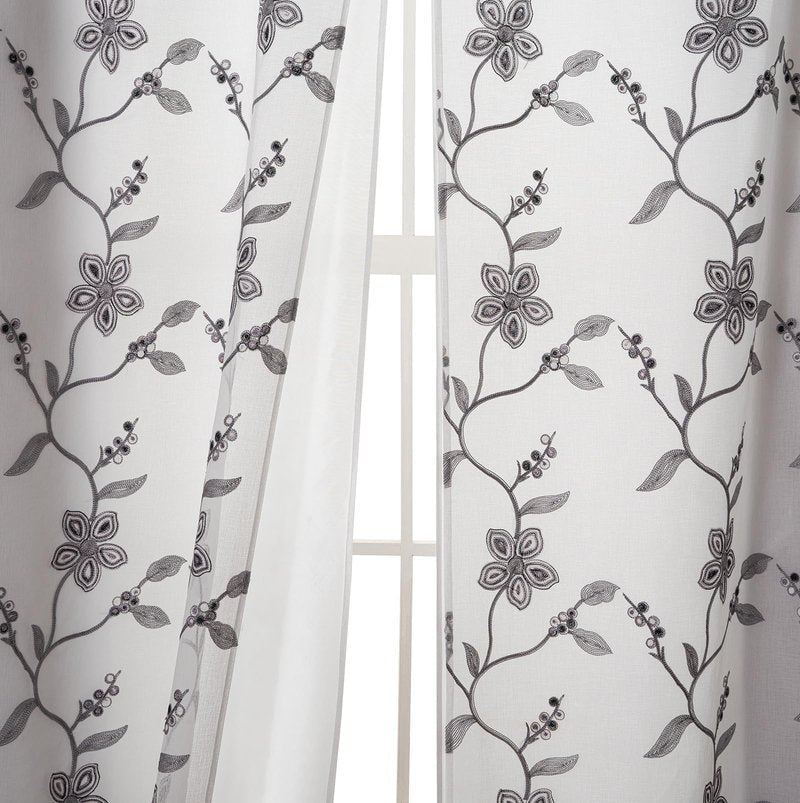 Petrichor Embroidered Sheer Curtain 2 Panels Set - Luxury Window Curtain Attached Valance with Satin Backing and 2 Tie Backs for Living Room,Dining Room, 54x84 inches, Gray