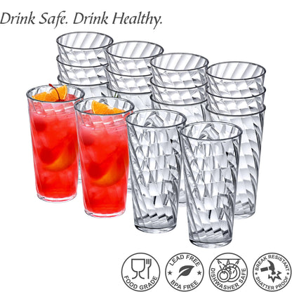 Amazing Abby - Glacier - 18-Ounce Plastic Tumblers (Set of 16), Plastic Drinking Glasses, All-Clear Reusable Cups, Stackable, BPA-Free, Shatter-Proof, Dishwasher-Safe