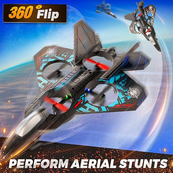 BEZGAR Drones for Kids | 2.4GHZ RC Plane Remote Control Airplane RC Helicopter 360° Flip Fighter Jet Toy with Colorful LED Navigation Light Gray