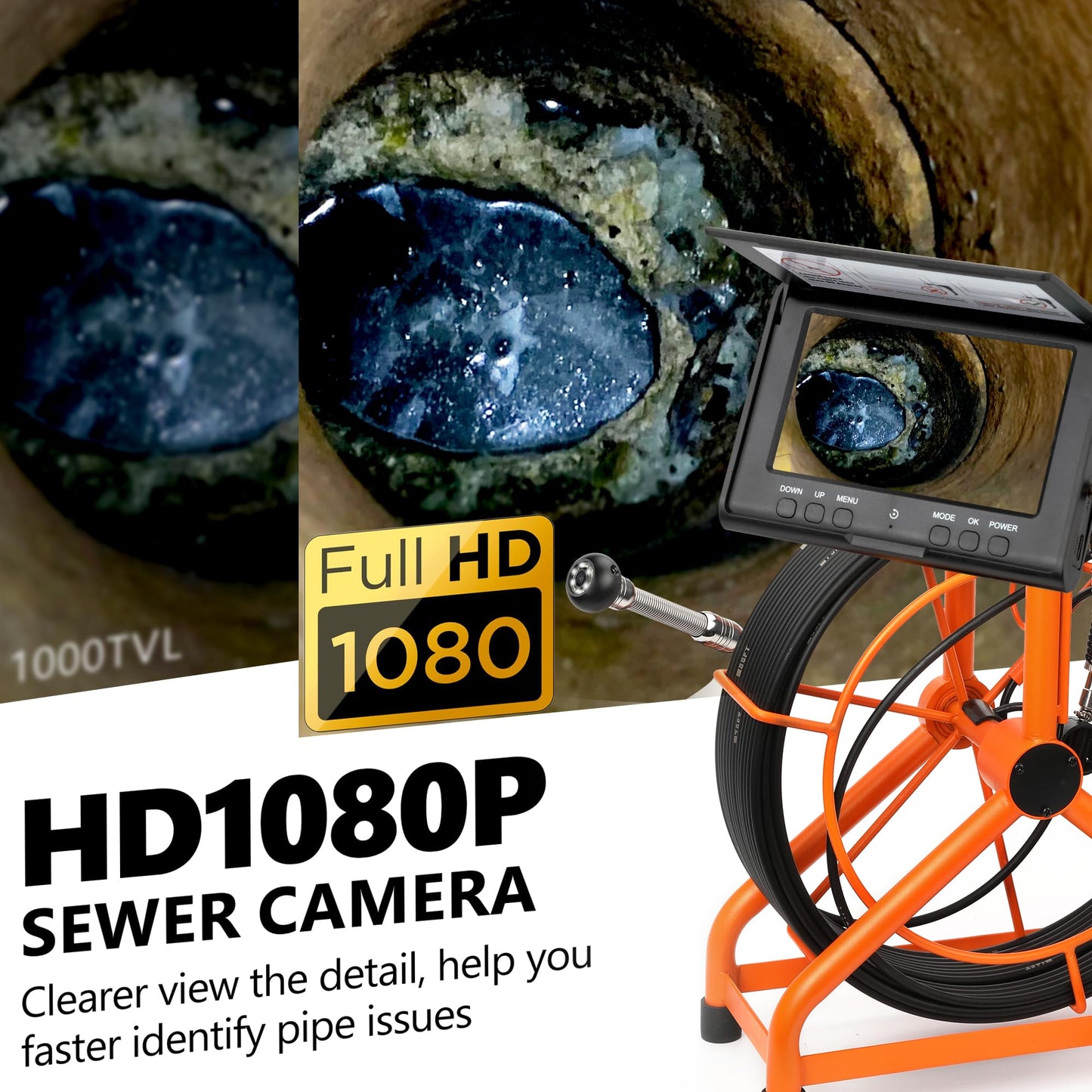 𝟐𝟎𝟐𝟔 𝐧𝐞𝐰 HD1080P Sewer Camera with DVR 32GB, 4.3" Drain Camera (Easy to Use), Pipe Inspection Camera, 5000mAh, USB-C, Endoscope Camera with 4-Level LED Lights, Cable Marking, 100ft/30M