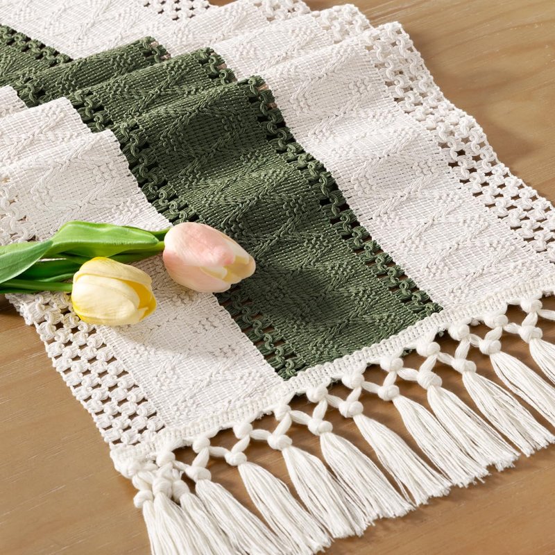 Socomi Boho Table Runner Summer Farmhouse Rustic Dining Kitchen Centerpiece Decor Small Macrame Woven Cotton Linen Coffee Table Runner for Dresser Scarf Home Decor 12x72 inch Olive Green